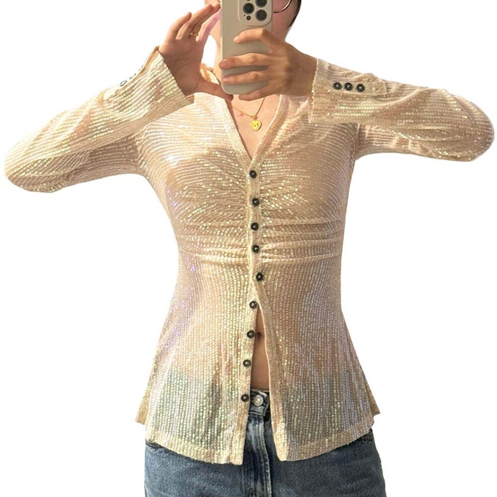 Free People Sequin Shirtee Top Champagne Dreams Size Extra Small
